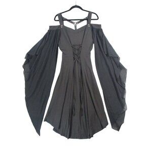 Gothic Whichy Black Cold Shoulder Dress With Lace-Up Front Long Flowing Sleeves